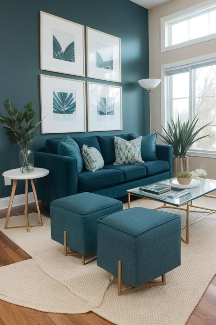 Chic Teal and White Living Room with Elegant Silver Accents